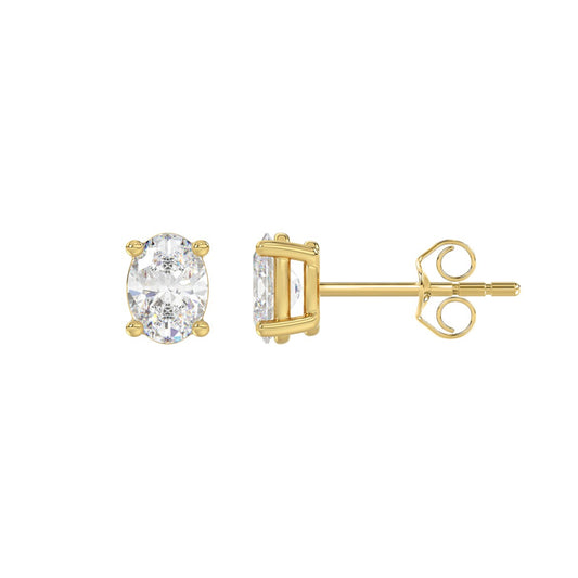 LADIES SOLITAIRE EARRINGS 1CT OVAL DIAMOND 14K YELLOW GOLD